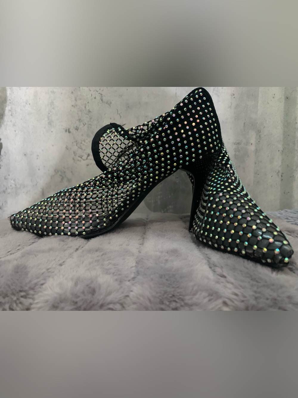 Black Mesh Crystal-Embellished Pointed Toe Booties Pumps